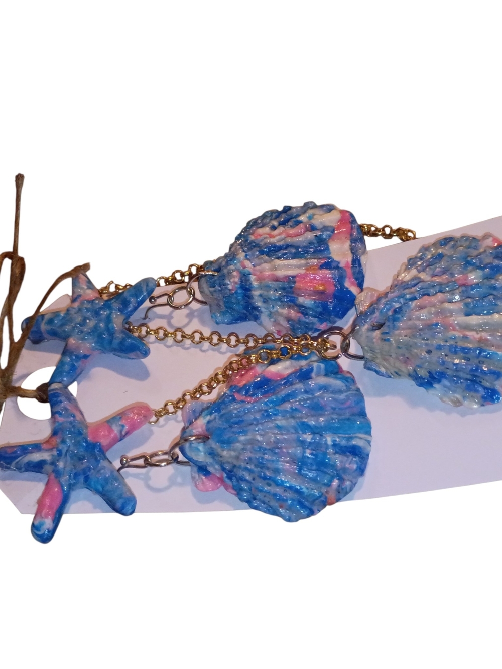 Coastal Vibes  Blue / Pink Shell & Starfish Statement Earrings And Necklace Set - Picture 8 of 14
